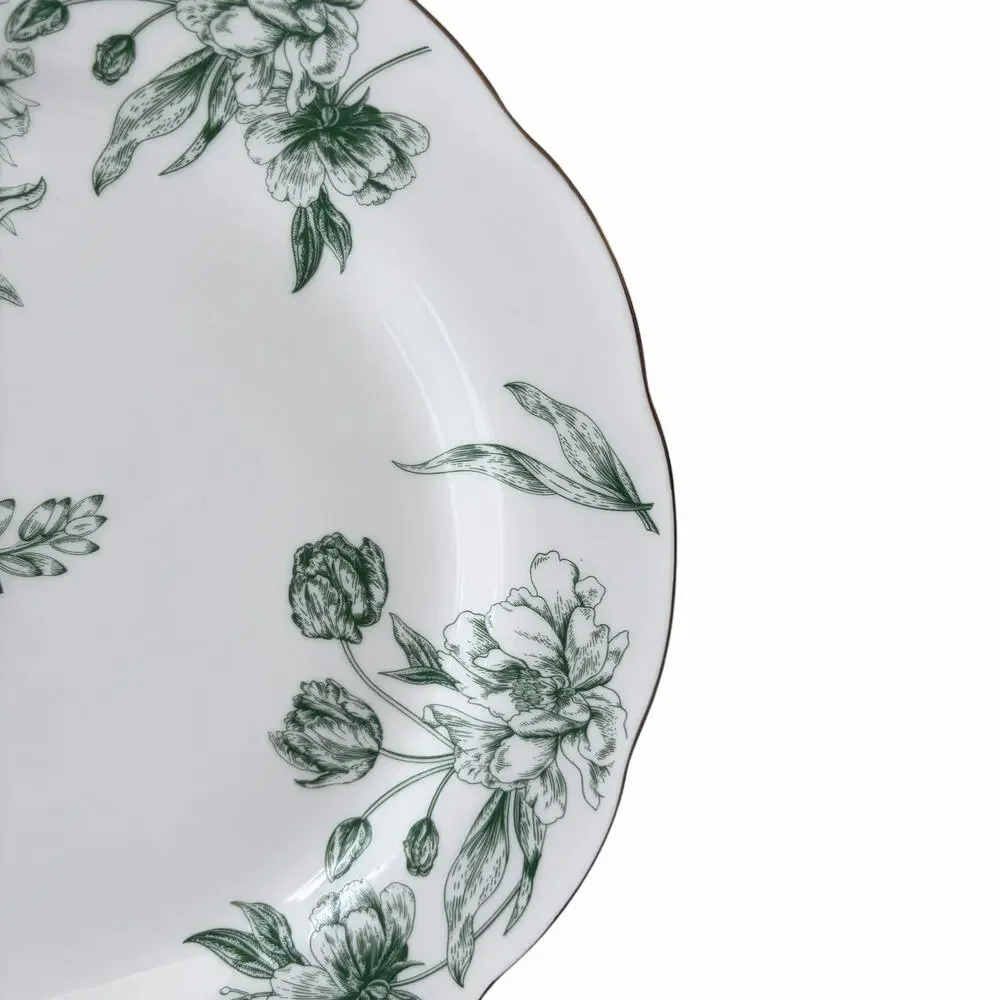 Medici Green Floral Toile Dinner Plates 10.5in Set of 4 Scalloped Porcelain New